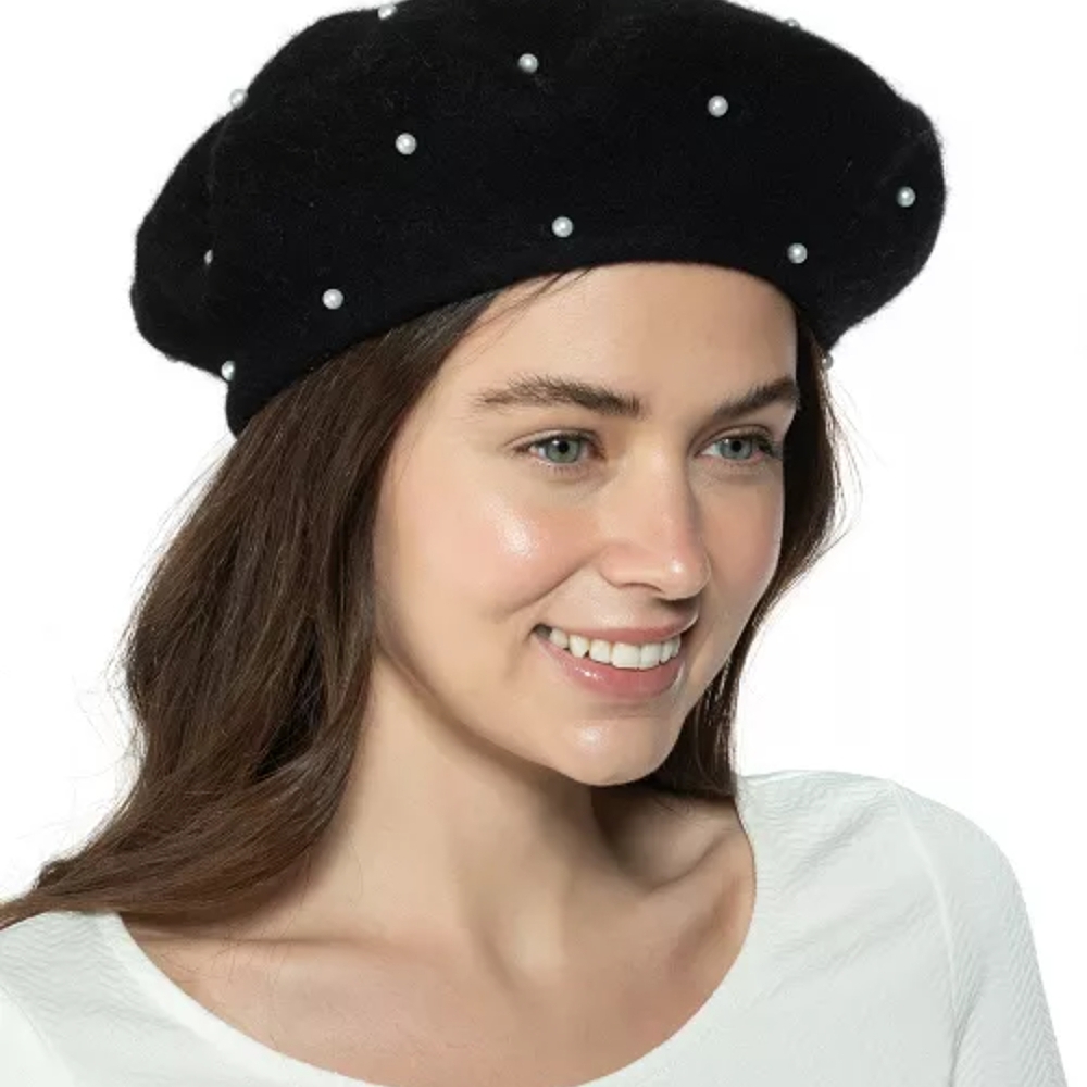 Elegant Black Beret with Pearls INC International Concepts Euc